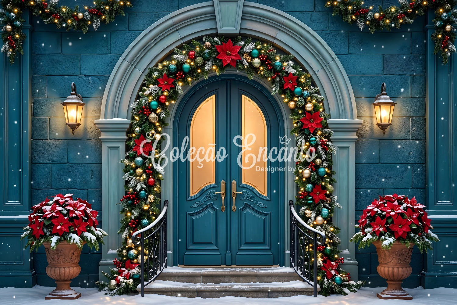 Christmas Backdrop Teal Arched Door Poinsettia Garland Christmas Photo Booth Backdrops UK CEM65-153