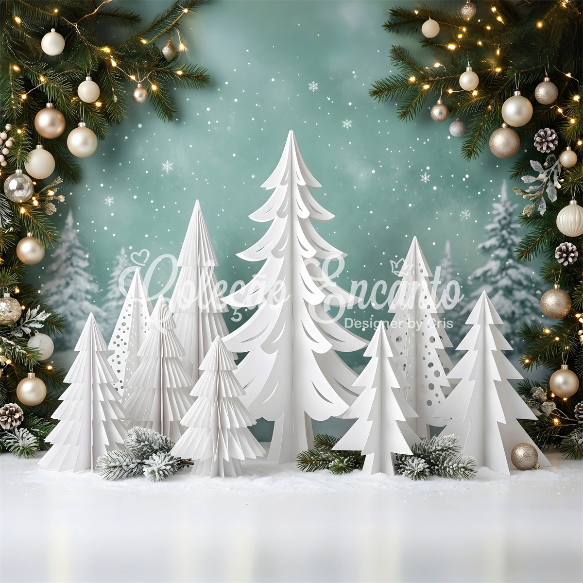 Photography Backdrops Christmas White Paper Pine Forest Ornaments Christmas Backdrop UK CEM65-154