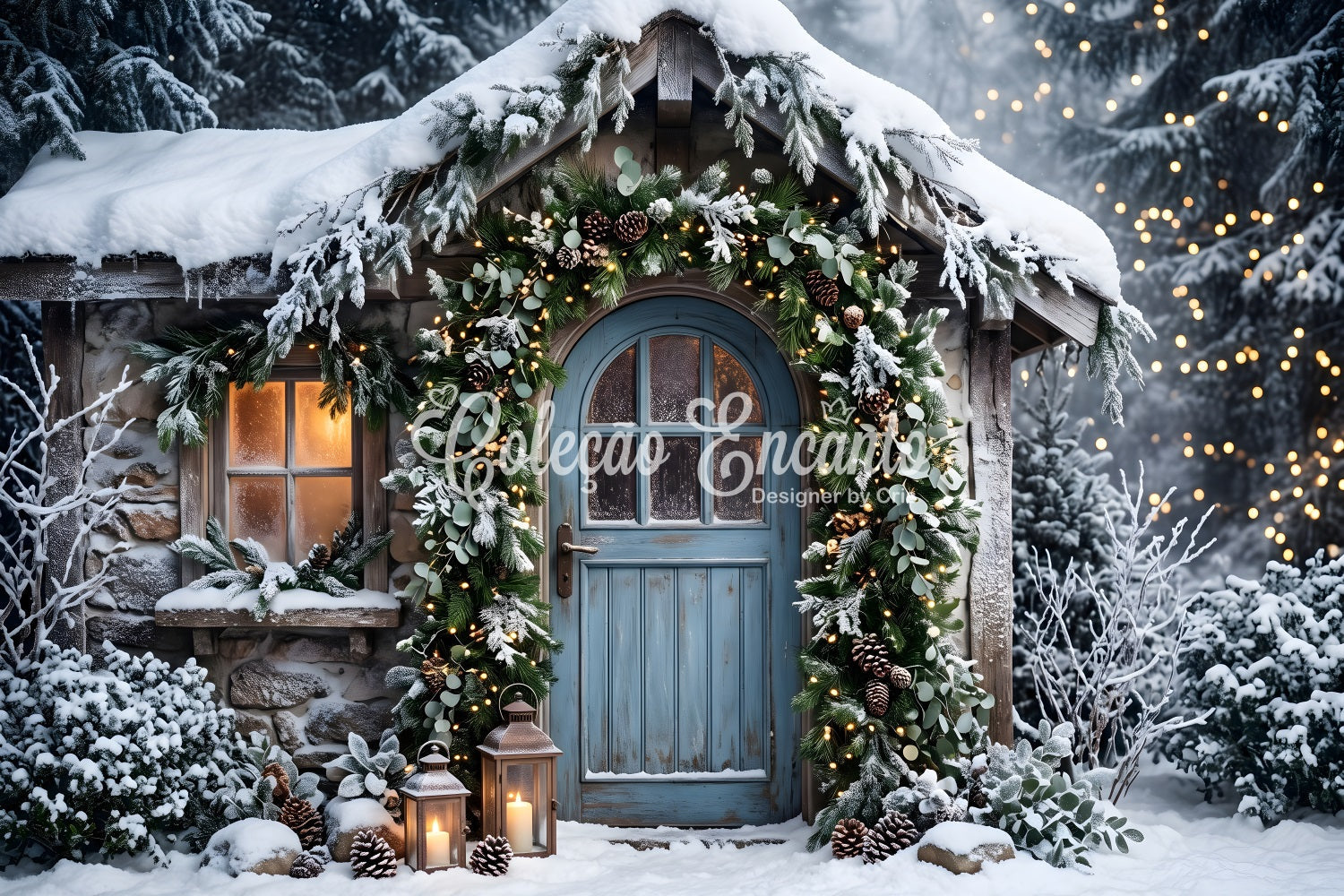 Cozy Christmas Backdrop Snowy Cottage Blue Door Garland Christmas Backdrops UK CEM65-155