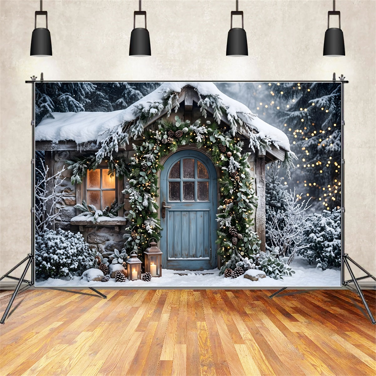 Cozy Christmas Backdrop Snowy Cottage Blue Door Garland Christmas Backdrops UK CEM65-155
