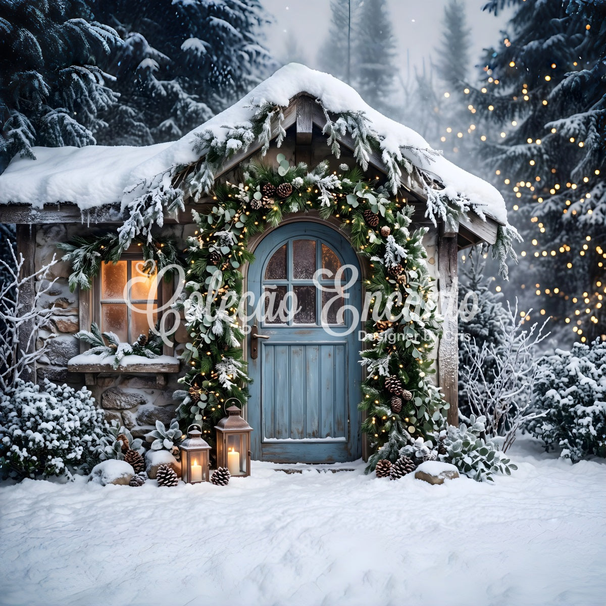Cozy Christmas Backdrop Snowy Cottage Blue Door Garland Christmas Backdrops UK CEM65-155