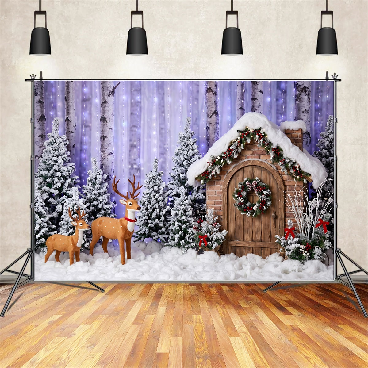 Christmas Forest Backdrop Purple Birch Forest Deer Cottage Christmas Photo Backdrop UK CEM65-156