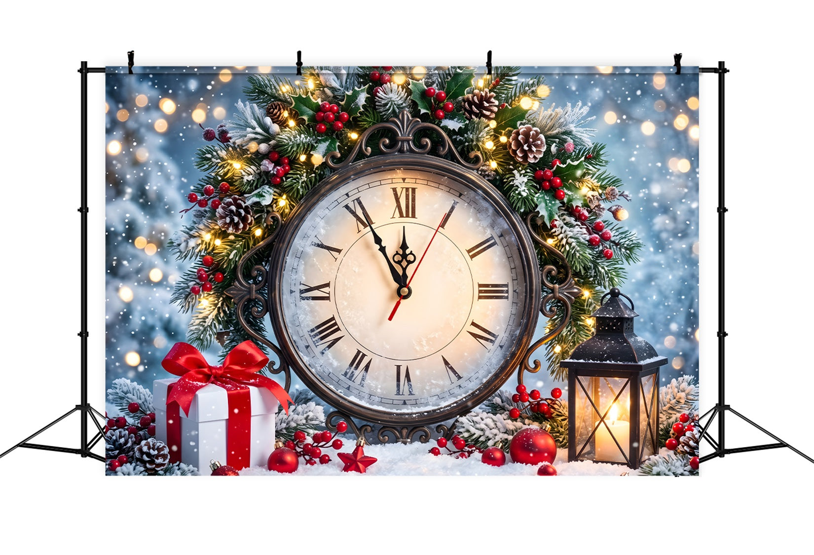 Christmas Photobooth Backdrop Vintage Roman Clock Holly Lantern Christmas Photo Backdrops UK CEM65-159