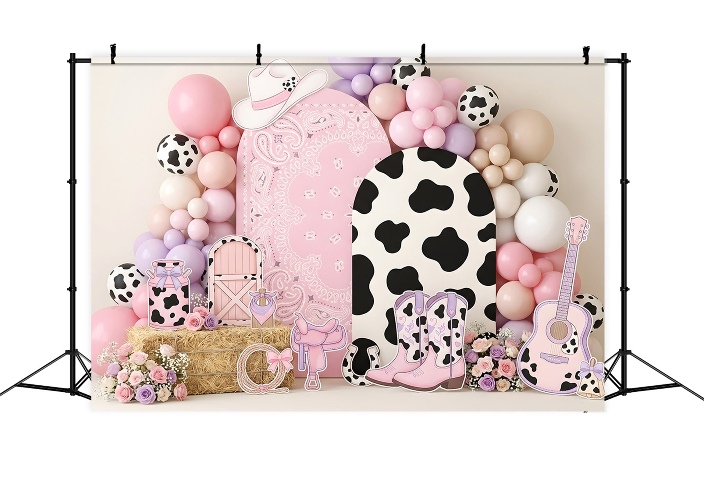 Newborn Fabric Backdrop Pink Cowgirl Cowprint Balloon Kids Photography Backdrops UK CEM65-16