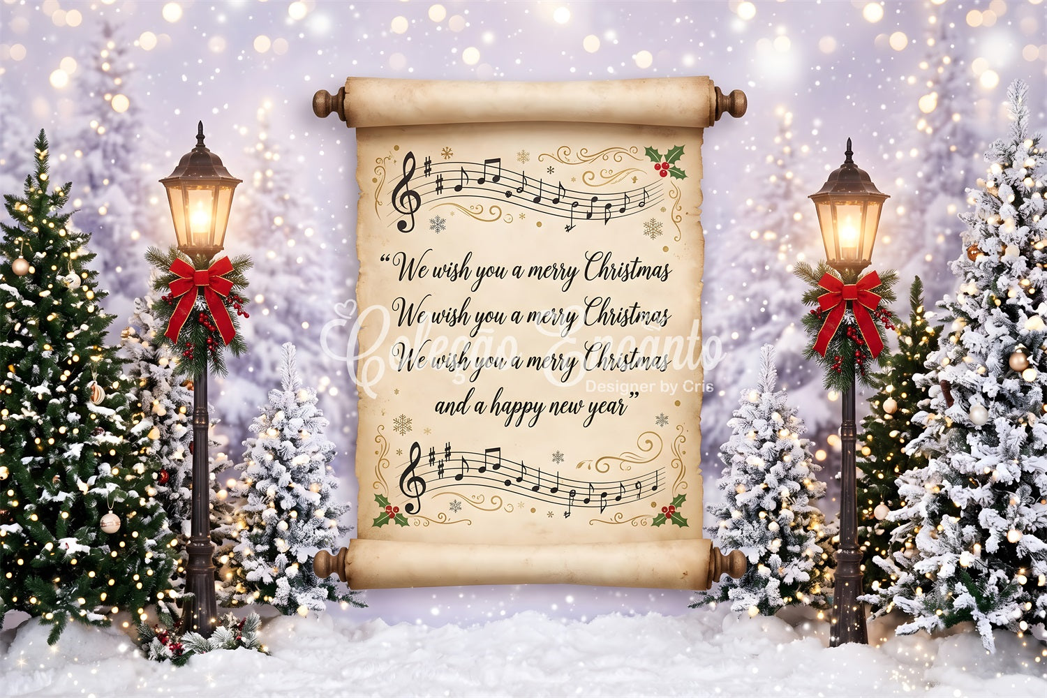 Merry Christmas Backdrop Vintage Carol Scroll Snowy Lanterns Christmas Backdrops For Photos UK CEM65-160