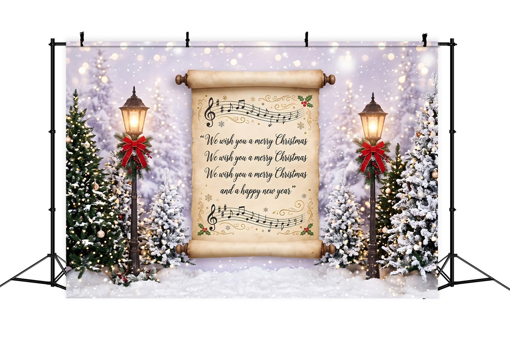 Merry Christmas Backdrop Vintage Carol Scroll Snowy Lanterns Christmas Backdrops For Photos UK CEM65-160