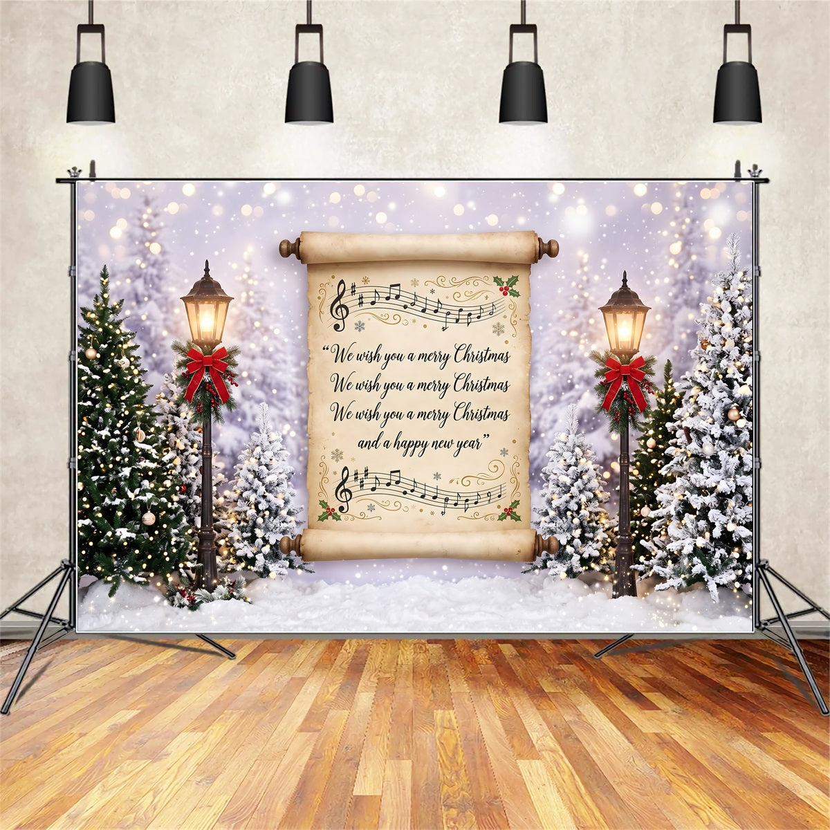 Merry Christmas Backdrop Vintage Carol Scroll Snowy Lanterns Christmas Backdrops For Photos UK CEM65-160
