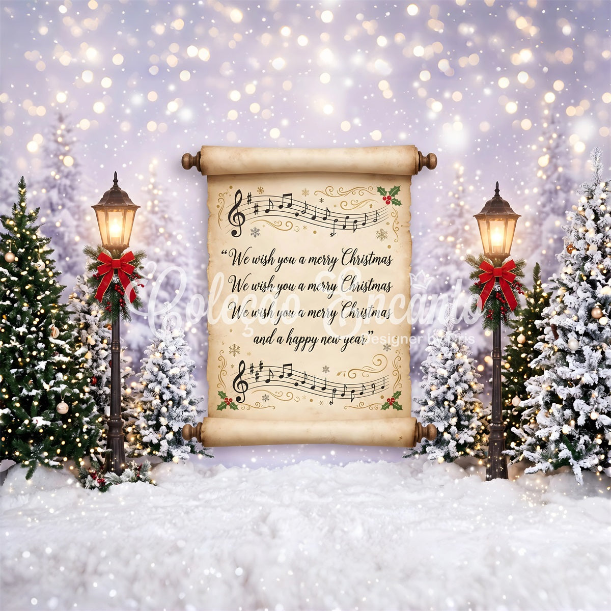 Merry Christmas Backdrop Vintage Carol Scroll Snowy Lanterns Christmas Backdrops For Photos UK CEM65-160