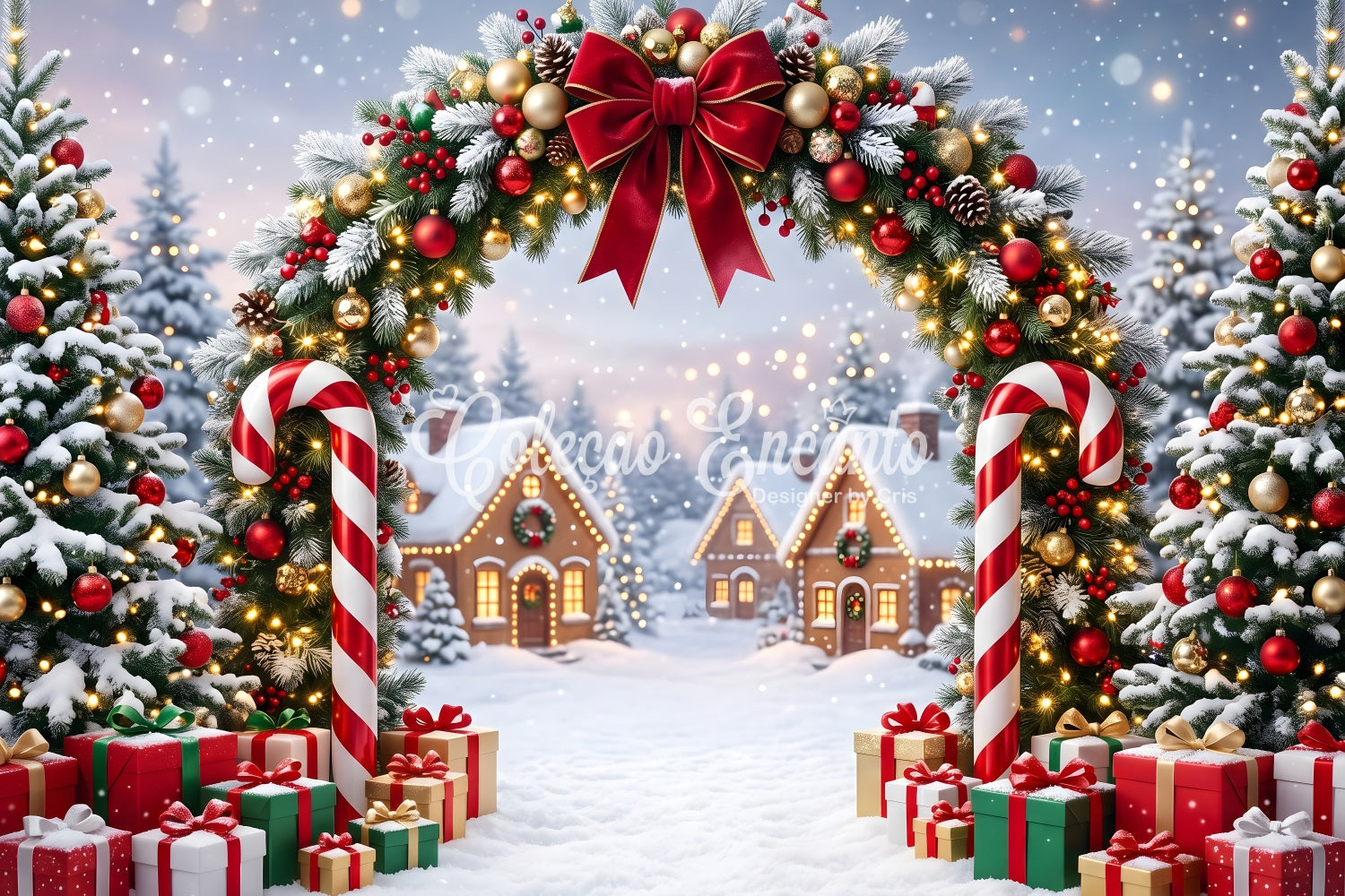 Backdrop For Christmas Pictures Candy Cane Garland Snowy Village Christmas Backdrops UK CEM65-161
