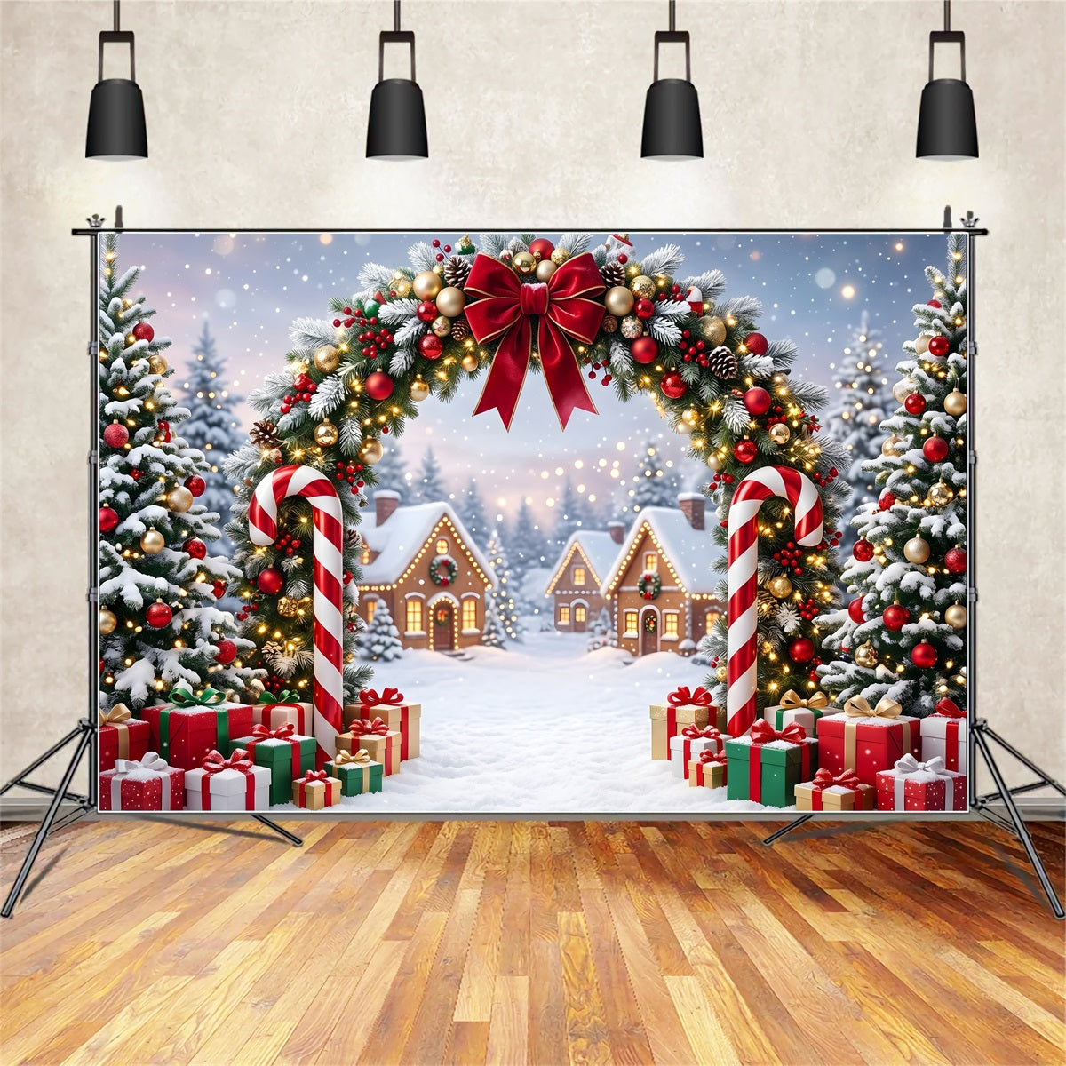 Backdrop For Christmas Pictures Candy Cane Garland Snowy Village Christmas Backdrops UK CEM65-161