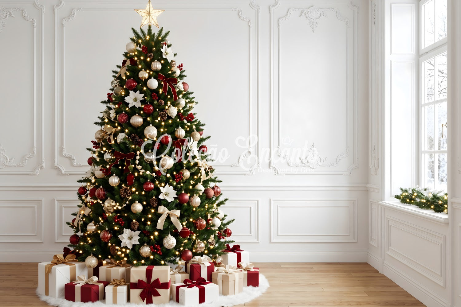 Indoor Christmas Backdrop Elegant Poinsettia Tree Gift Corner Professional Christmas Backdrops UK CEM65-163