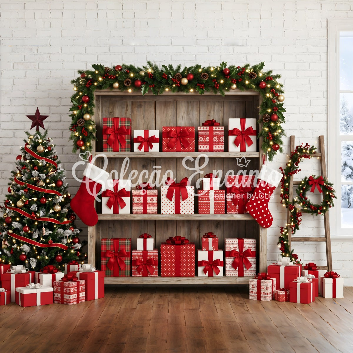 Christmas Themed Backdrop Festive Gift Shelf Stocking Display Christmas Backdrop Photography UK CEM65-165