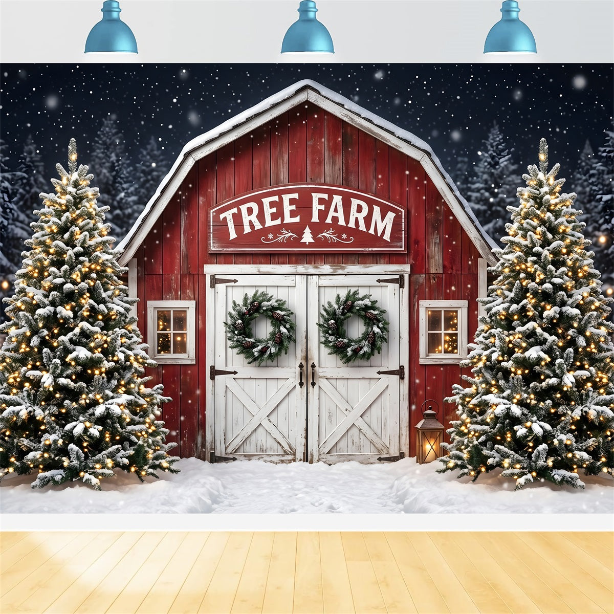 Christmas Tree Farm Backdrop Snowy Tree Farm Barn Entrance Christmas Picture Backdrop UK CEM65-166