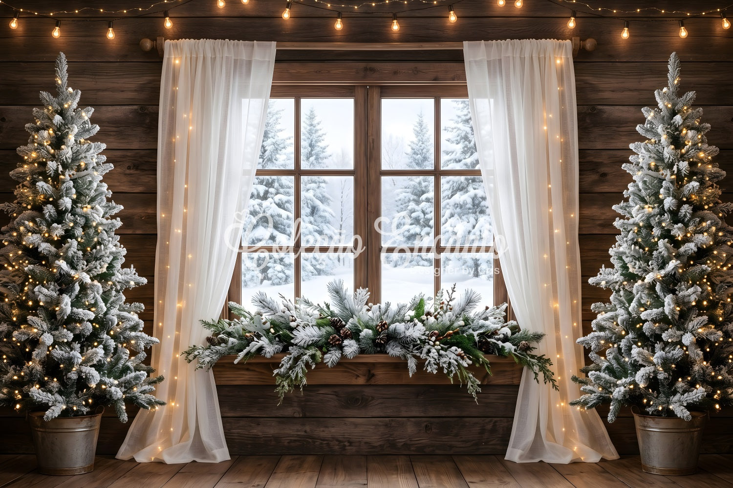 Christmas Party Backdrop Ideas Rustic Snowy Window Curtain Lights Christmas Photo Backdrop Ideas UK CEM65-167
