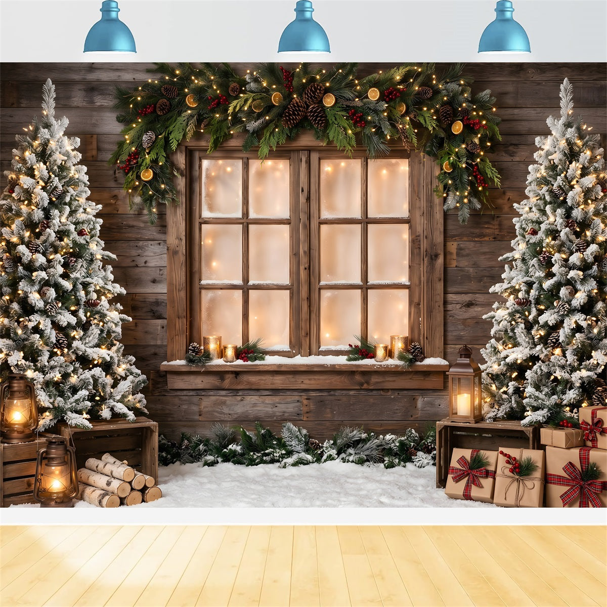 Christmas Trees Backdrop Rustic Window Garland Lantern Gifts Christmas Photo Booth Backdrop UK CEM65-168