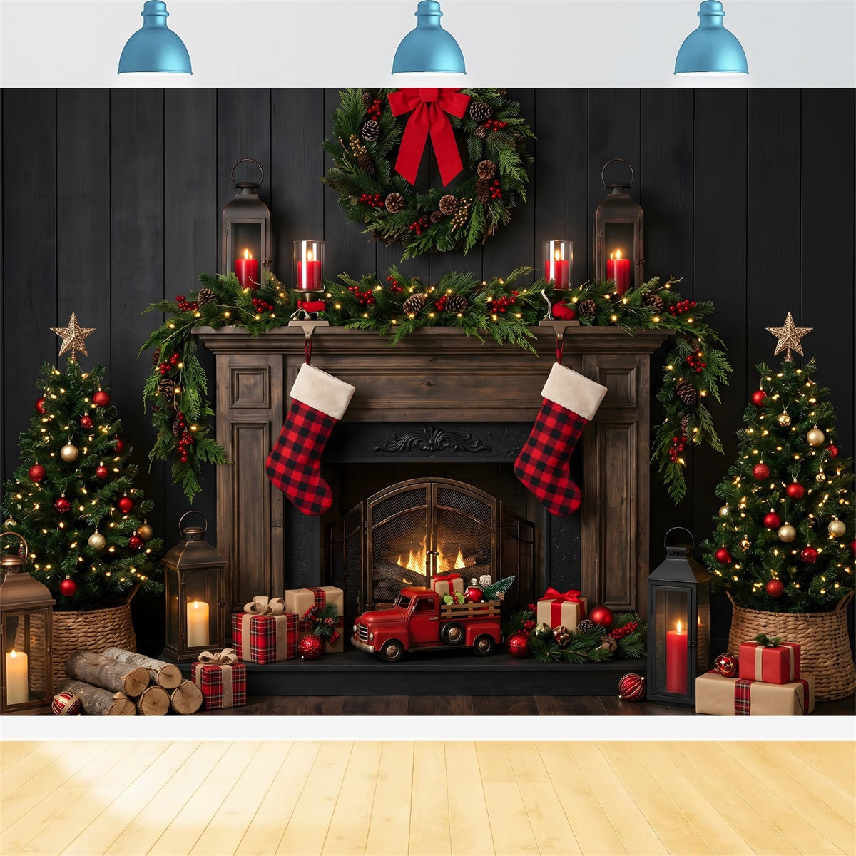 Christmas Backdrops Buffalo Plaid Fireplace Truck Stockings Christmas Backdrop Design UK CEM65-170