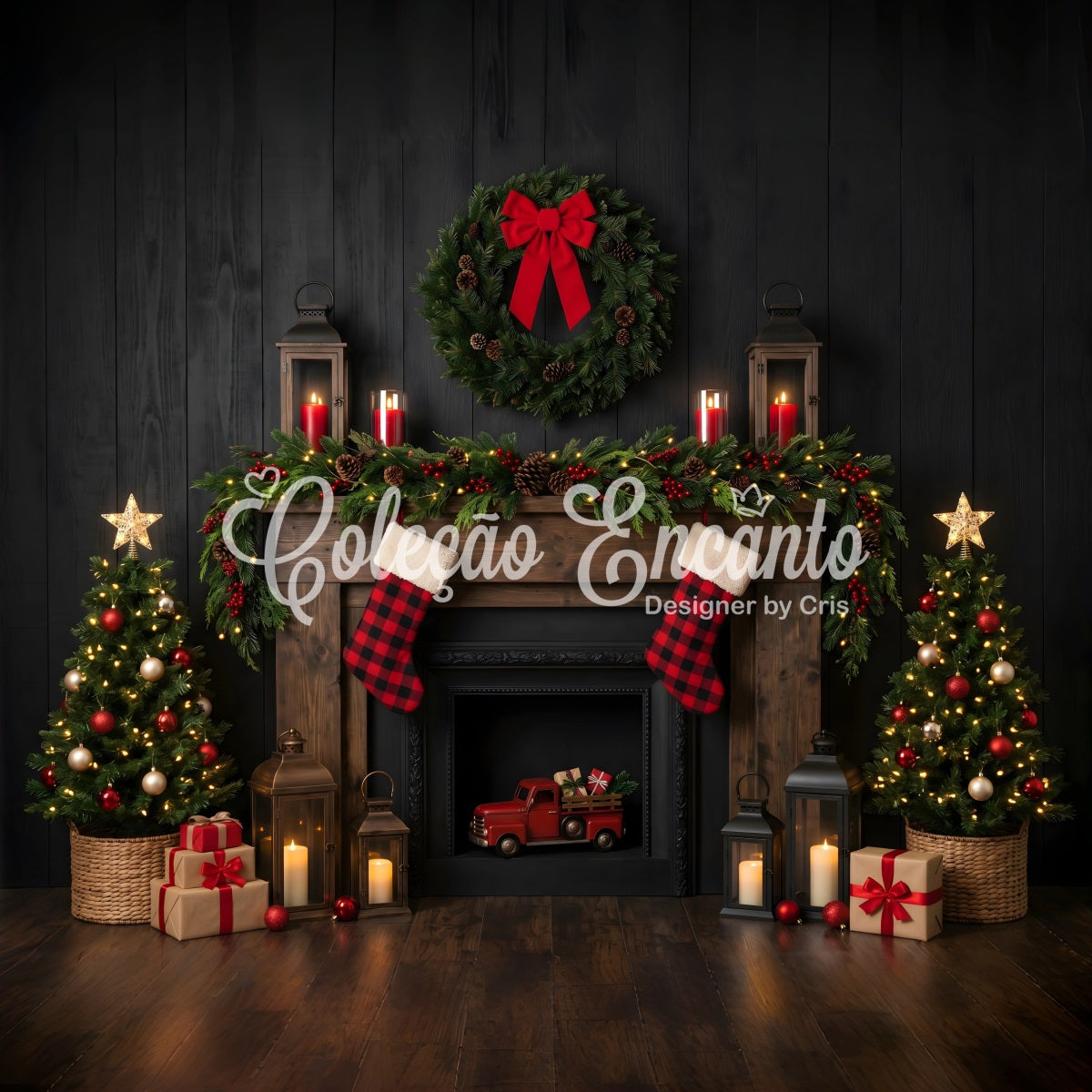 Fireplace Backdrop Christmas Dark Rustic Truck Lanterns Christmas Backdrops Photography UK CEM65-171
