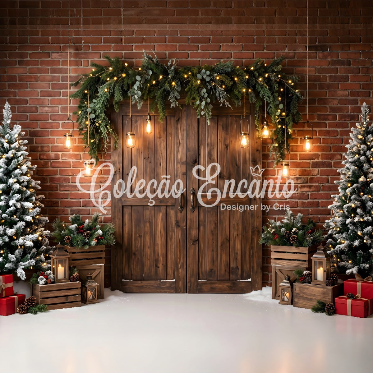 Christmas Theme Backdrops Brick Door Evergreen Hanging Lanterns Photography Christmas Backdrops UK CEM65-173