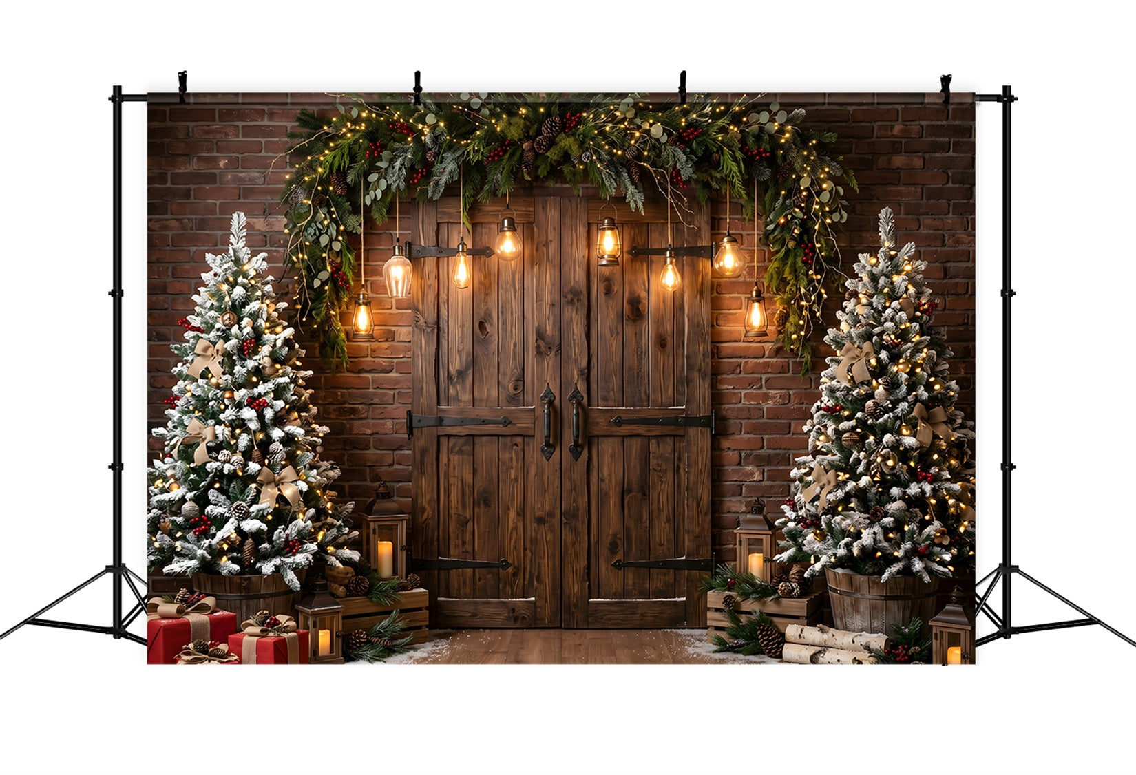 Christmas Barn Door Backdrop Rustic Barn Door Edison Lights Christmas Photoshoot Backdrop UK CEM65-174