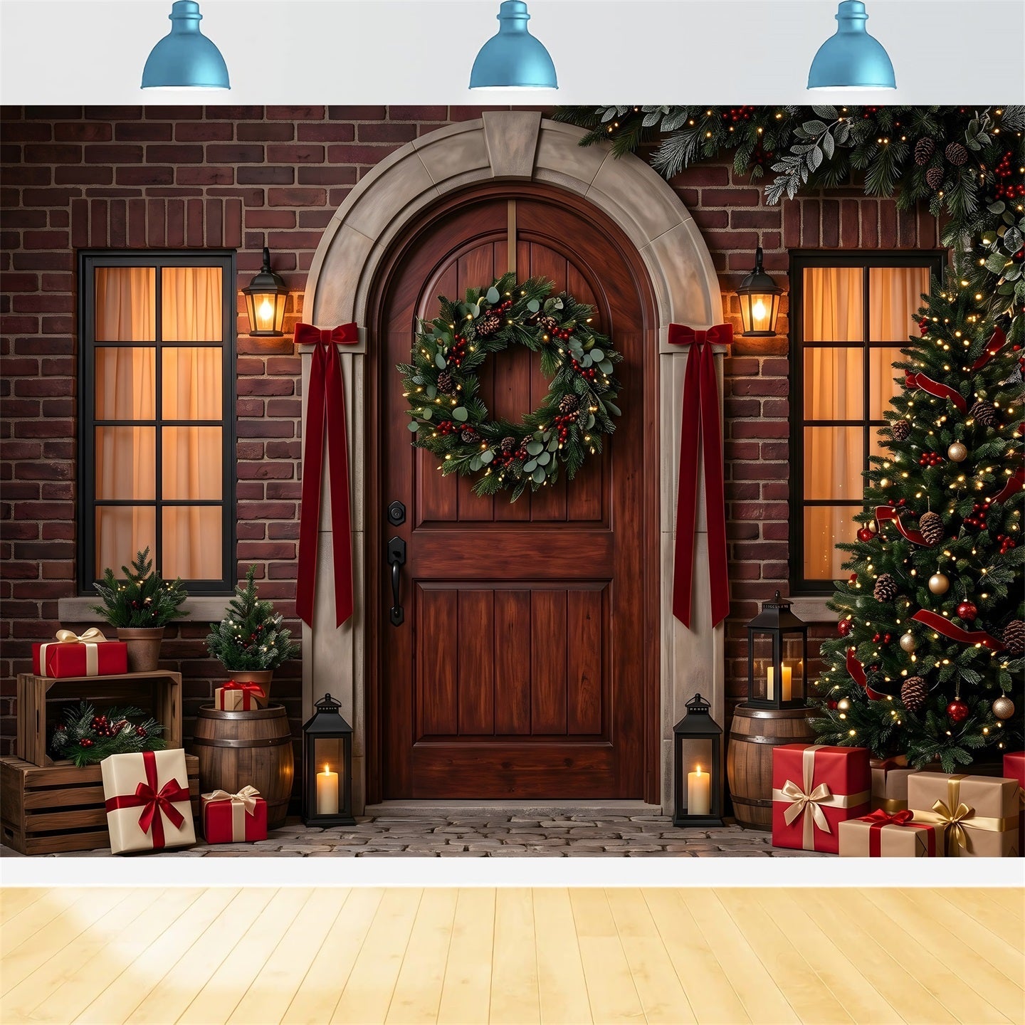 Christmas Photobooth Backdrop Arched Brick Door Wreath Gifts Christmas Backdrop For Pictures UK CEM65-175