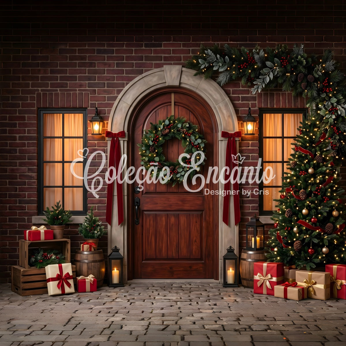 Christmas Photobooth Backdrop Arched Brick Door Wreath Gifts Christmas Backdrop For Pictures UK CEM65-175