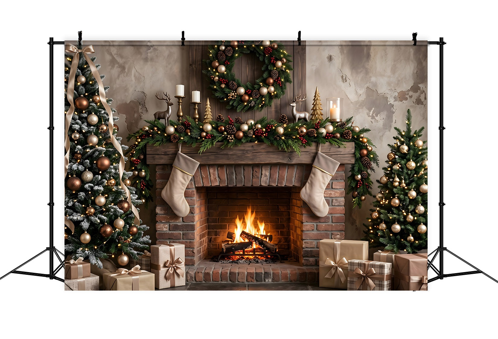 Christmas Fireplace Photo Backdrop Neutral Brick Stockings Trees Christmas Backdrops UK CEM65-177