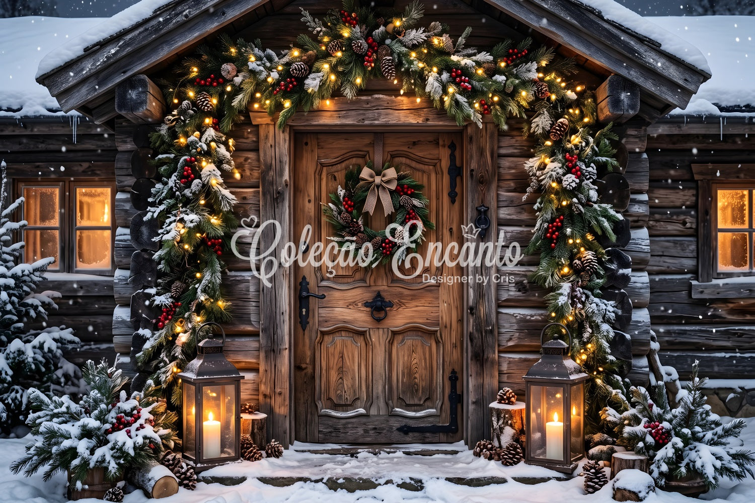 Christmas Village Backdrop Ideas Frosted Log Cabin Garland Entrance Photography Christmas Backdrop UK CEM65-179