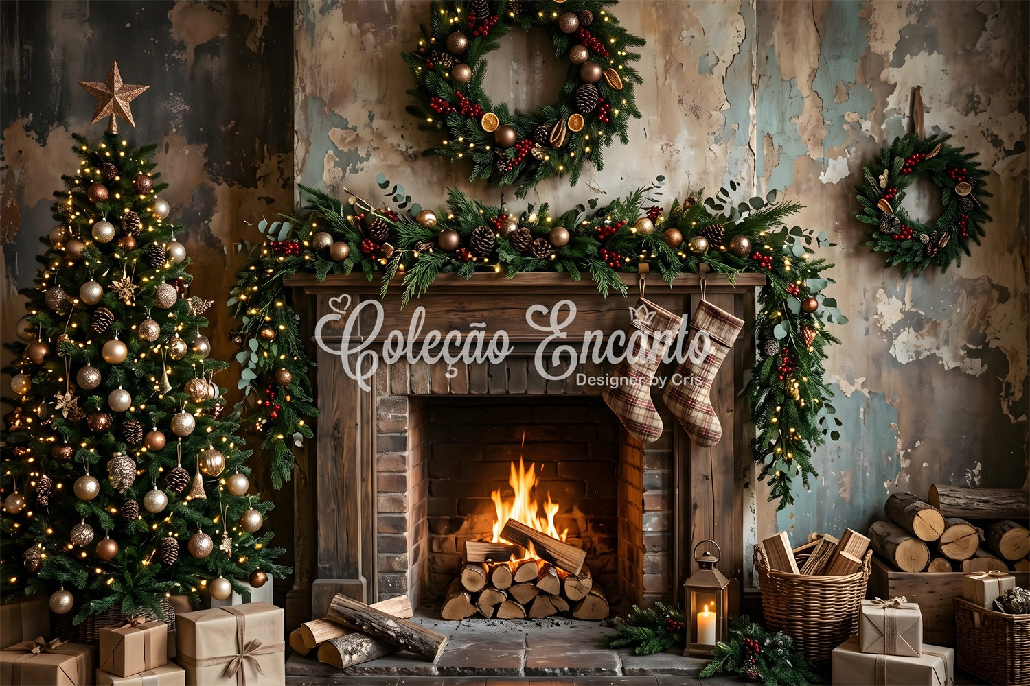 Christmas Backdrop Distressed Rustic Fireplace Plaid Stockings Christmas Backdrop For Photoshoot UK CEM65-181