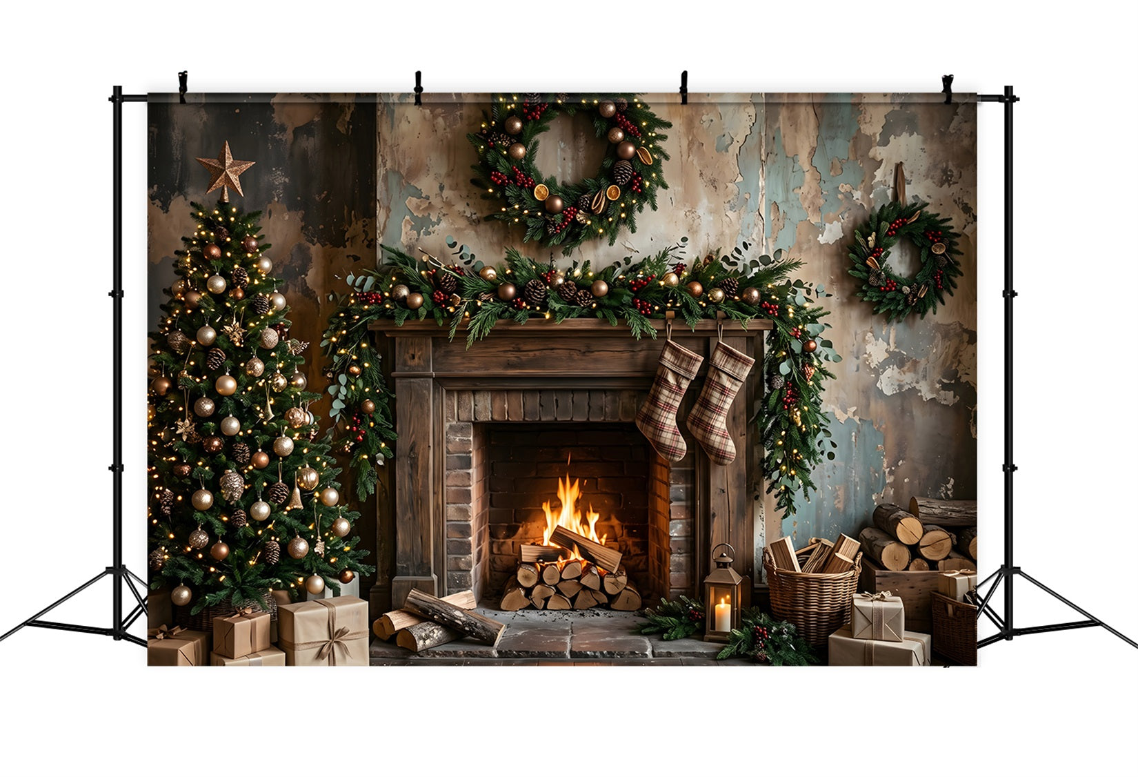 Christmas Backdrop Distressed Rustic Fireplace Plaid Stockings Christmas Backdrop For Photoshoot UK CEM65-181
