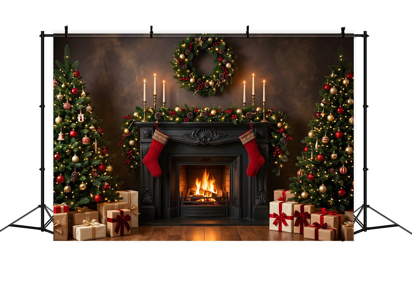 Best Christmas Backdrops Black Fireplace Candles Stockings Christmas Backdrop Photoshoot UK CEM65-184