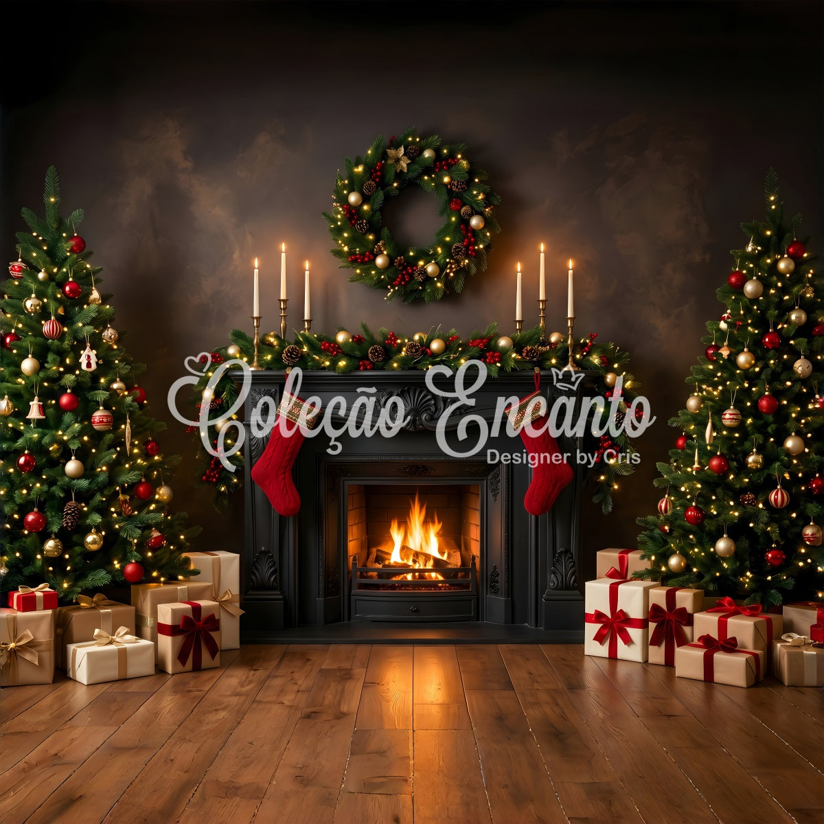 Best Christmas Backdrops Black Fireplace Candles Stockings Christmas Backdrop Photoshoot UK CEM65-184