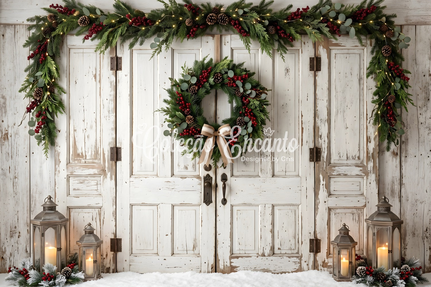 10x20 Christmas Backdrop Vintage White Door Bow Wreath Christmas Photo Booth Backdrops UK CEM65-187