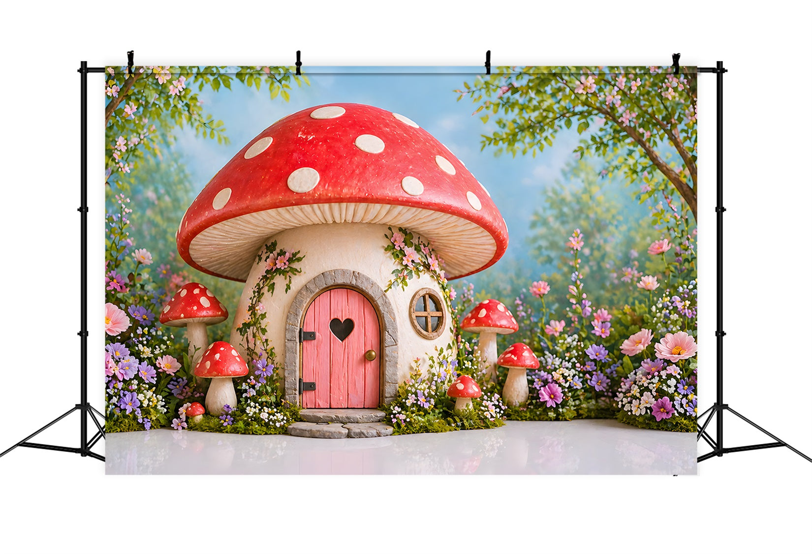 Backdrop for Kids Photoshoot Enchanted Mushroom House Flower Newborn Photo Backdrops UK CEM65-19