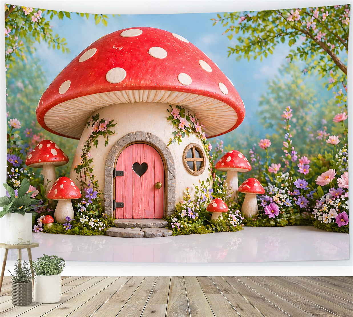 Backdrop for Kids Photoshoot Enchanted Mushroom House Flower Newborn Photo Backdrops UK CEM65-19