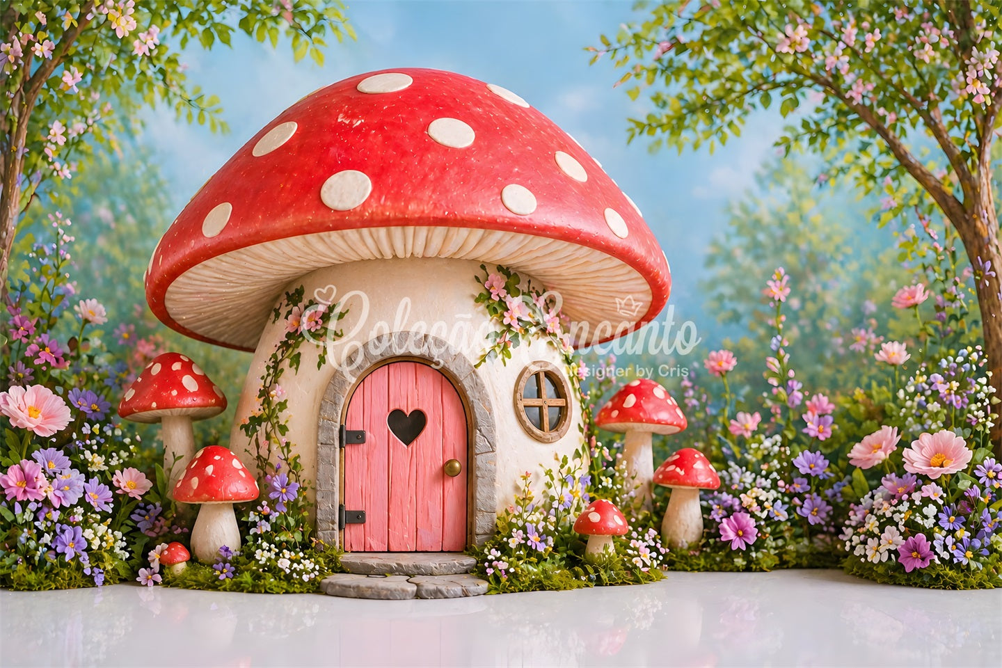 Backdrop for Kids Photoshoot Enchanted Mushroom House Flower Newborn Photo Backdrops UK CEM65-19