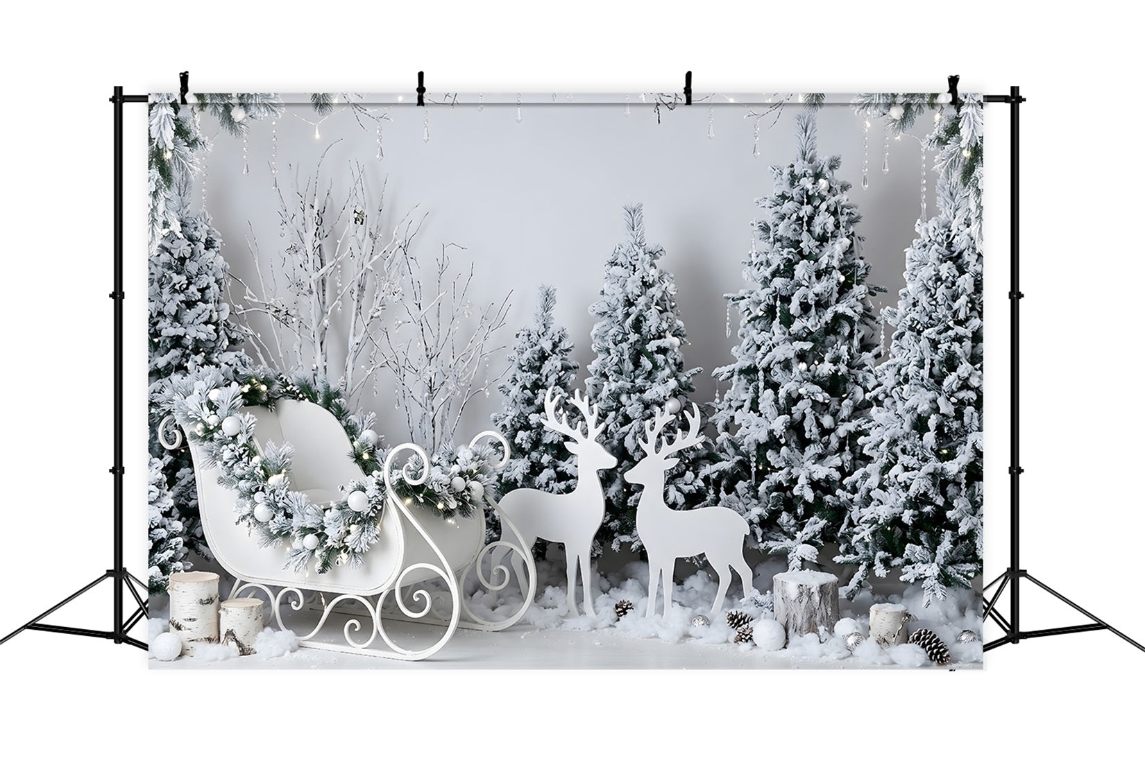 White Christmas Backdrop Frosted White Sleigh Reindeer Woodland Christmas Photo Backdrop UK CEM65-190