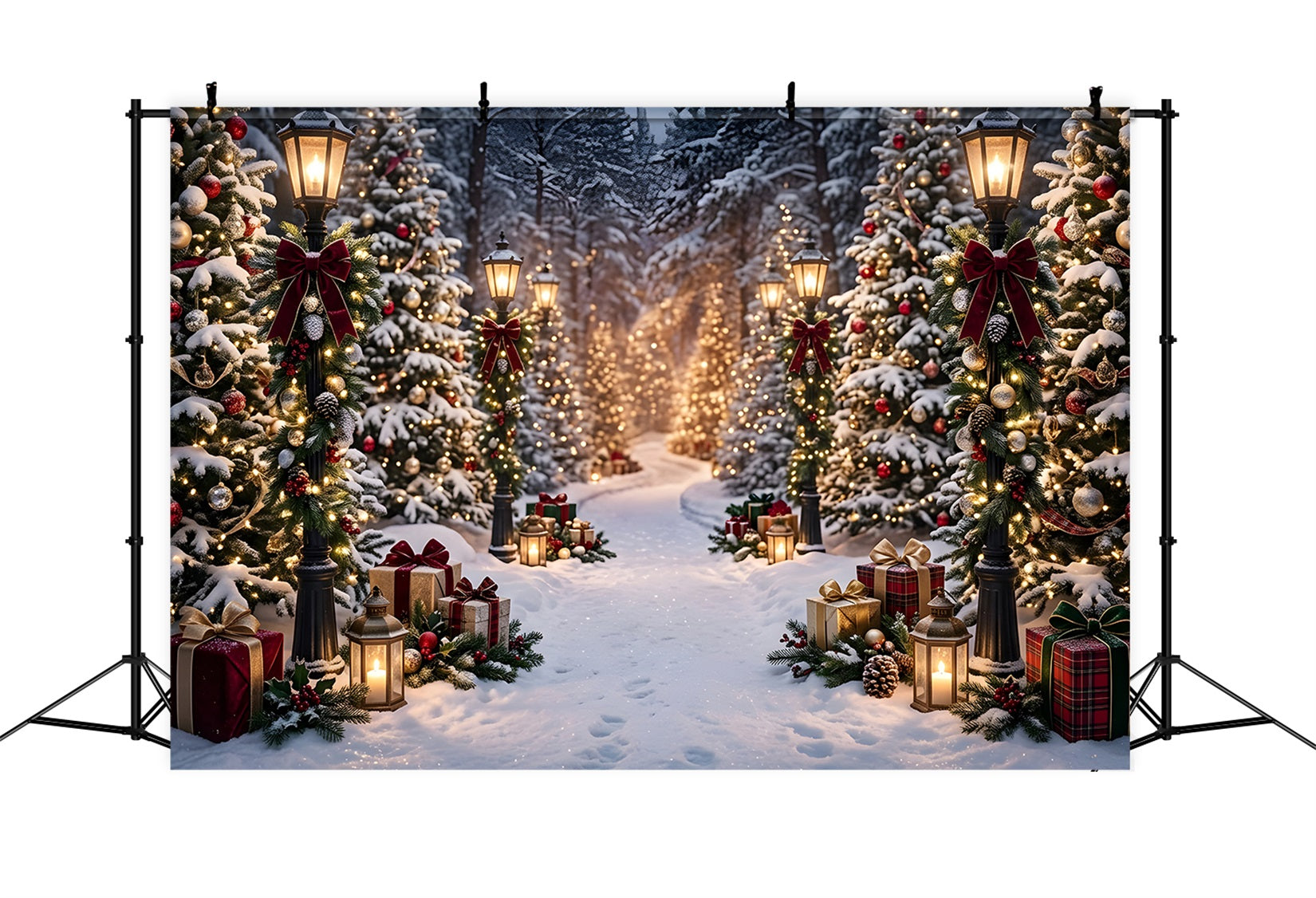 Christmas Backdrop Outdoor Snowy Lantern Forest Gift Path Christmas Photo Backdrops UK CEM65-193