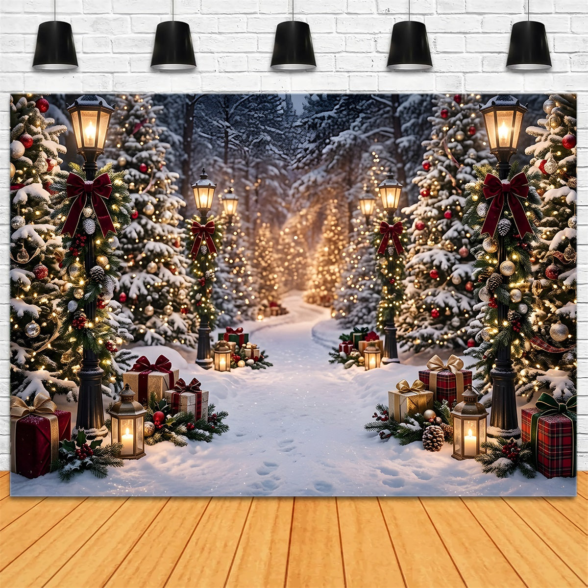 Christmas Backdrop Outdoor Snowy Lantern Forest Gift Path Christmas Photo Backdrops UK CEM65-193