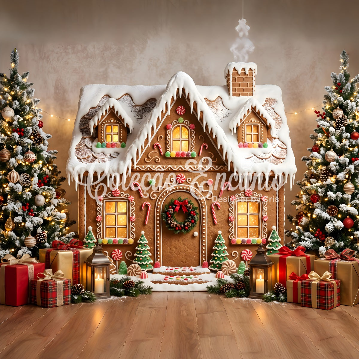 Gingerbread Christmas Backdrop Snowy Gingerbread Cottage Gift Christmas Photography Backdrops UK CEM65-198