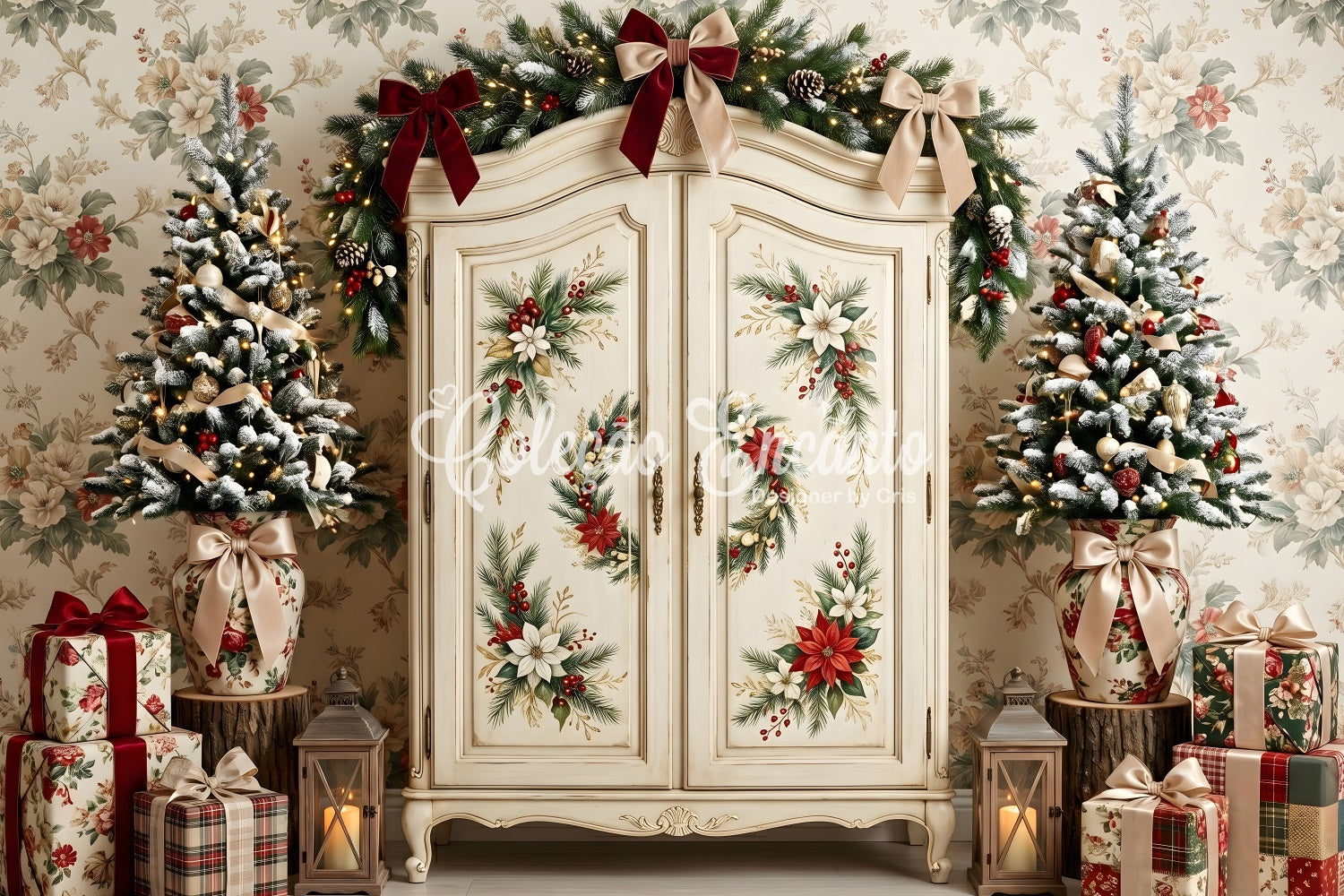 Christmas Picture Backdrops Vintage Floral Wardrobe Tree Christmas Backdrop Photography UK CEM65-199