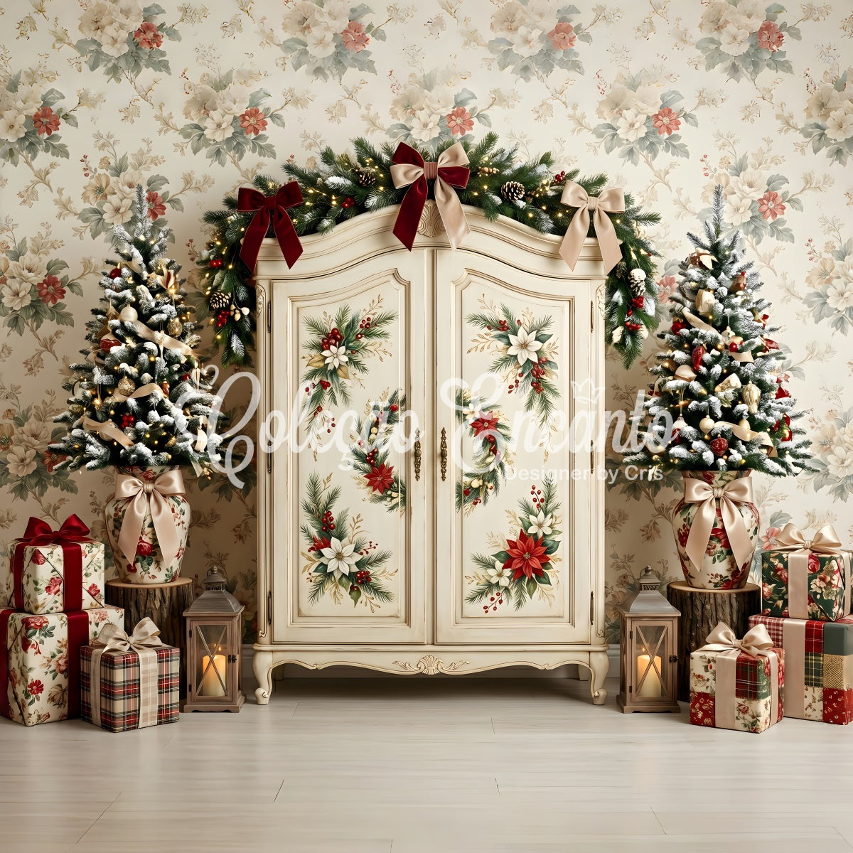 Christmas Picture Backdrops Vintage Floral Wardrobe Tree Christmas Backdrop Photography UK CEM65-199