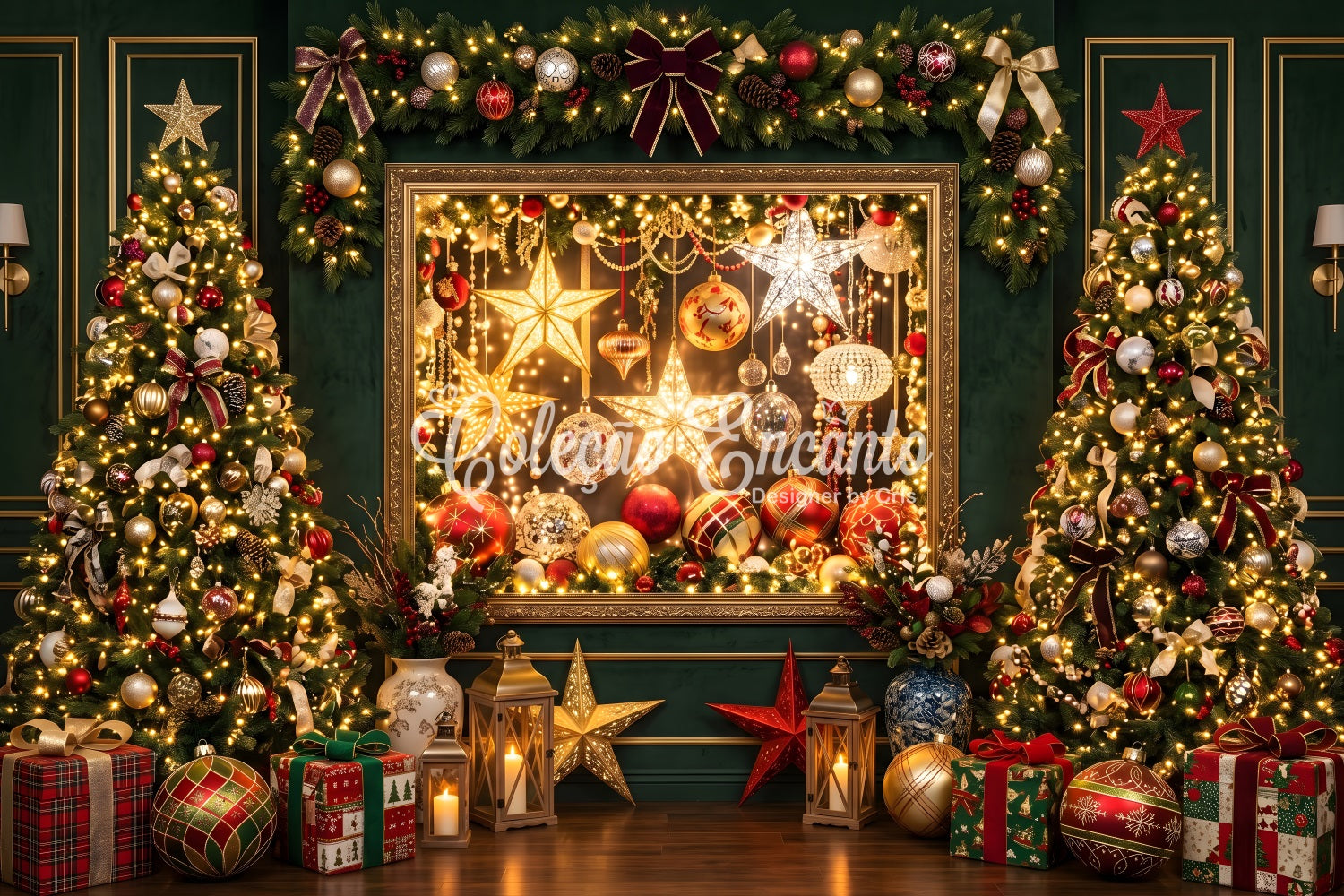 Christmas Lights Backdrop Emerald Ornament Gallery Tree Christmas Photo Booth Backdrop UK CEM65-202