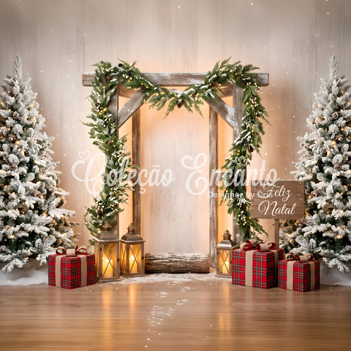 Simple Christmas Backdrop Frosted Wooden Arch Lantern Photo Backdrop Christmas UK CEM65-203