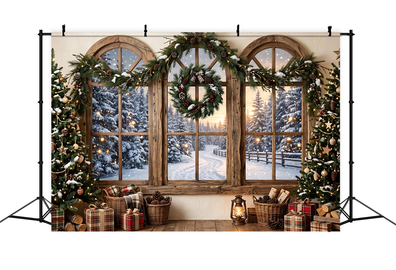 Rustic Christmas Backdrop Rustic Snowy Window Wreath Photography Christmas Backdrops UK CEM65-207