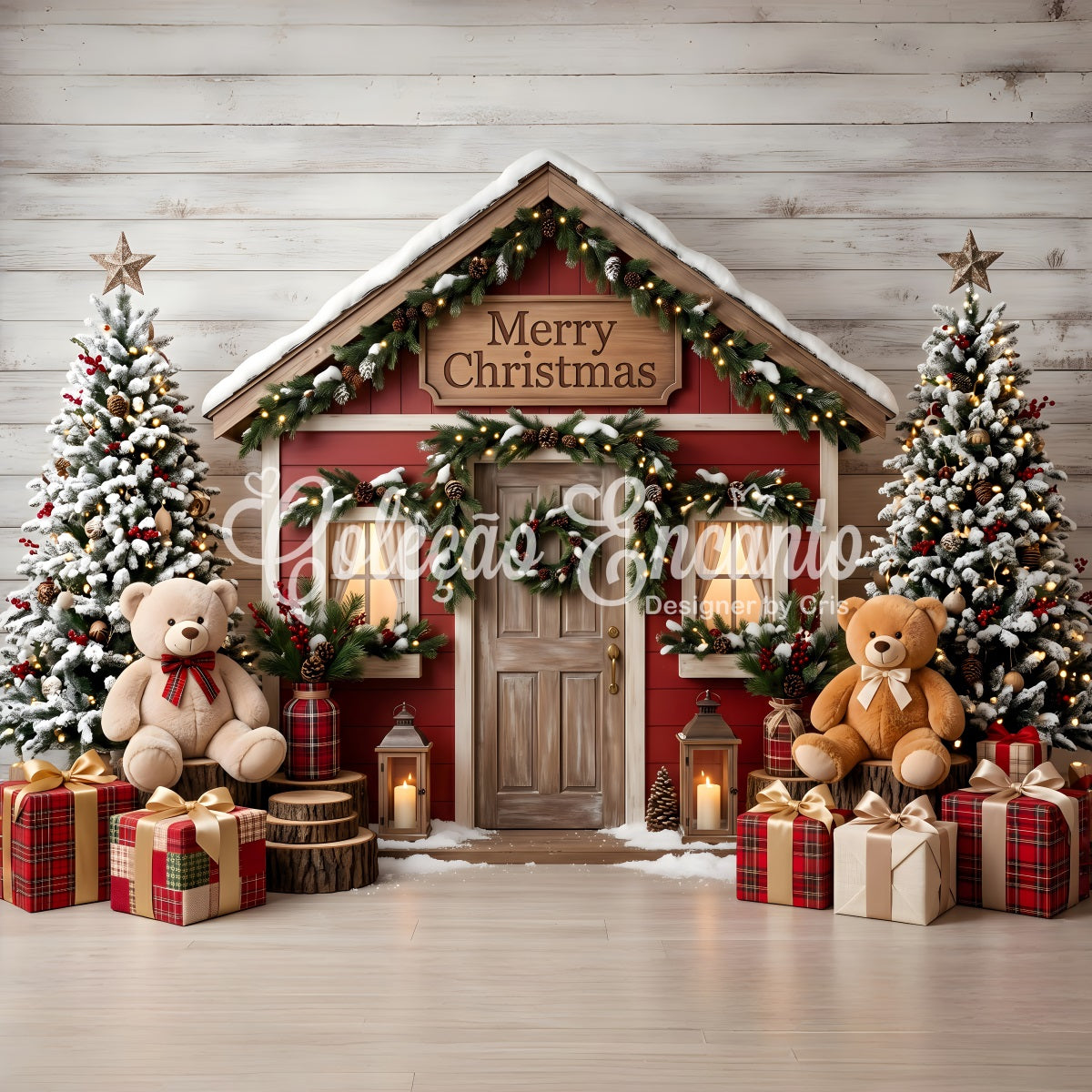 Merry Christmas Backdrop Snowy Red Cottage Teddy Photo Booth Christmas Backdrop UK CEM65-210