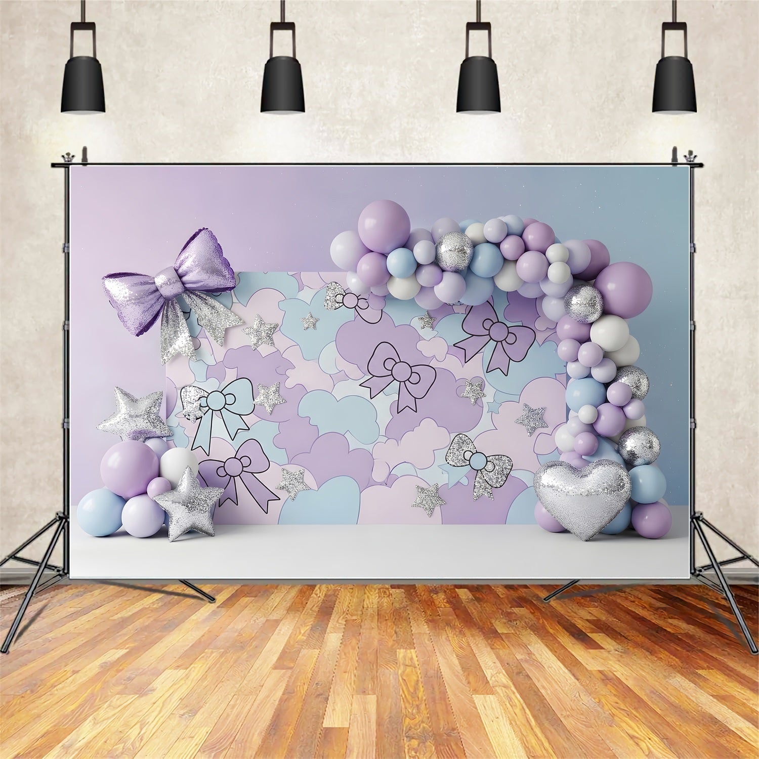 Newborn Photo Backdrops Pastel Bow Cloud Silver Stars Kids Backdrop Photoshoot UK CEM65-215