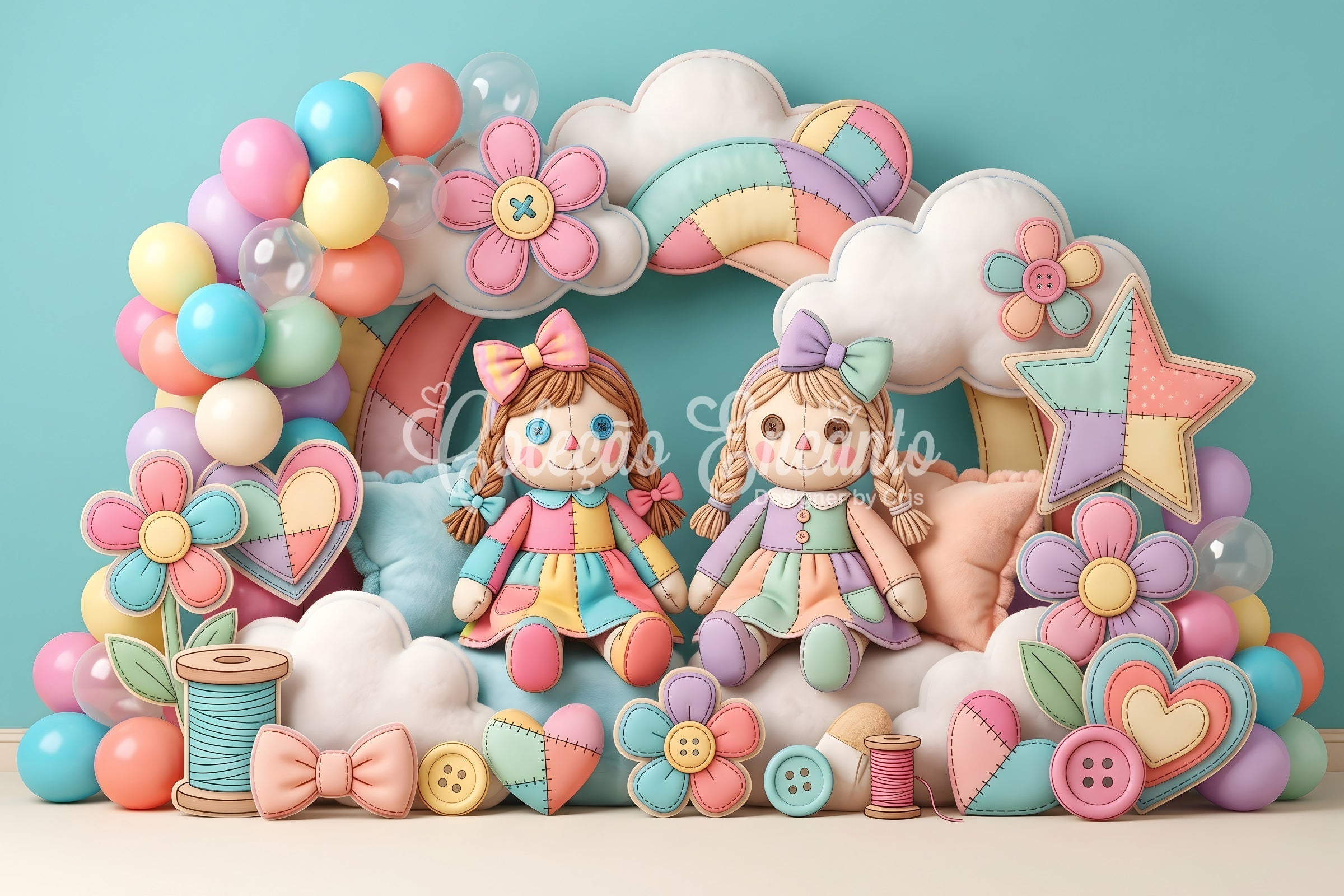 Kids Photo Backdrops Patchwork Doll Rainbow Balloon Newborn Baby Backdrop UK CEM65-33