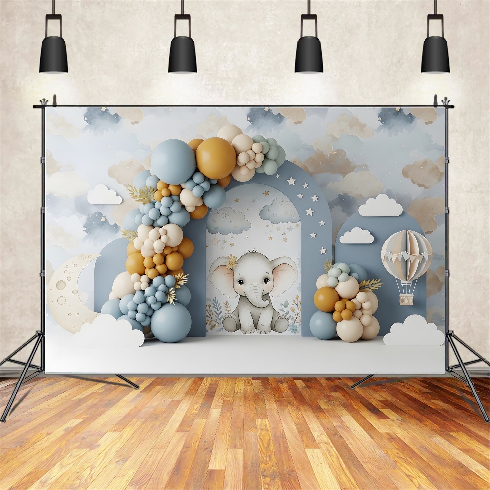 Newborn Photography Wood Backdrop Elephant Moon Cloud Balloon Arch Kid Backdrop UK CEM65-45
