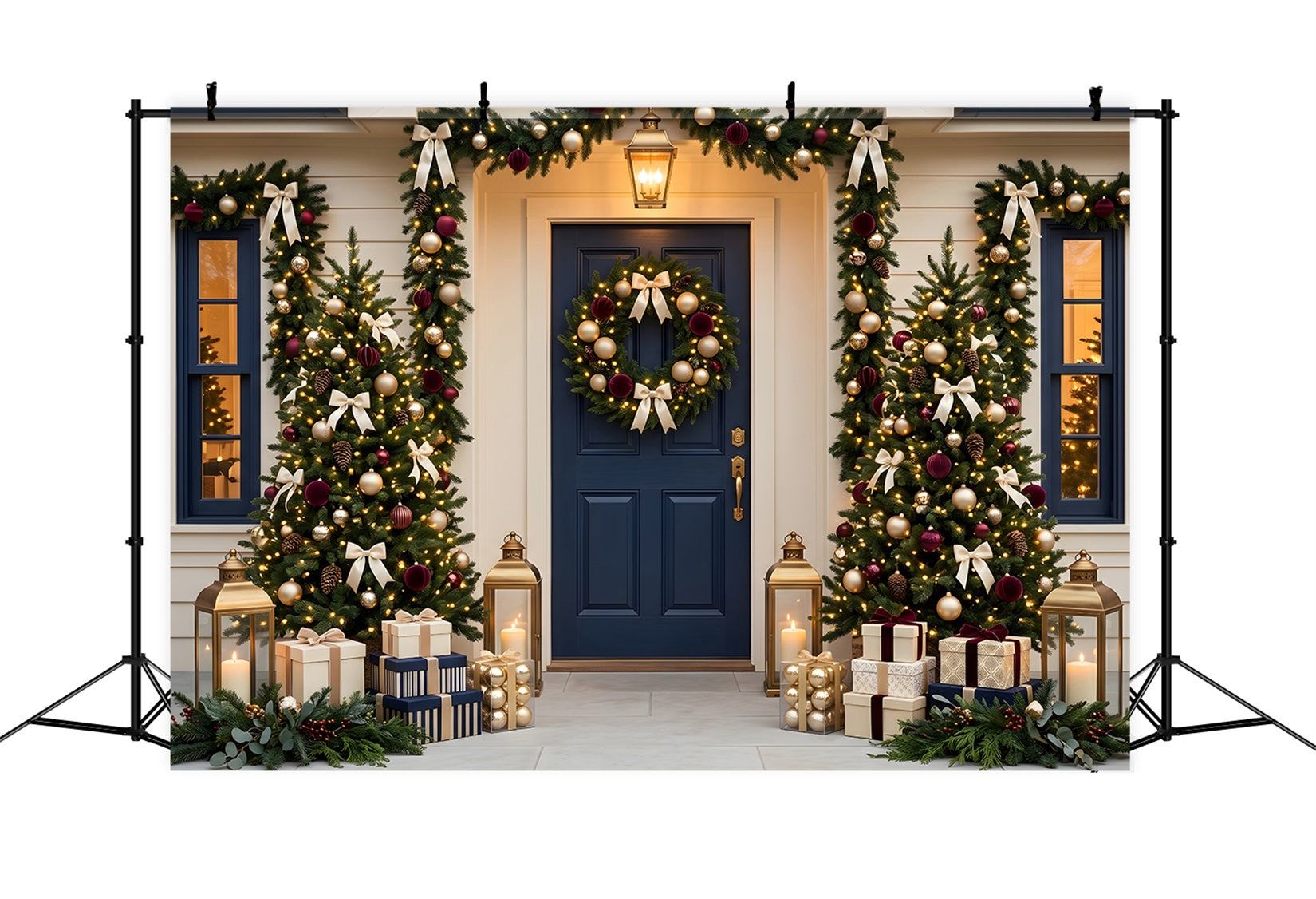 Christmas Backdrops Navy Door Garland Tree Porch Christmas Backdrop For Photography UK CEM65-70
