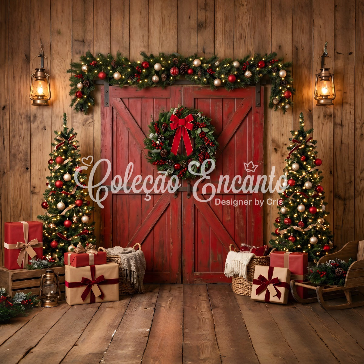 Christmas Tree Backdrop Rustic Red Barn Wreath Trees Christmas Backdrop For Pictures UK CEM65-73